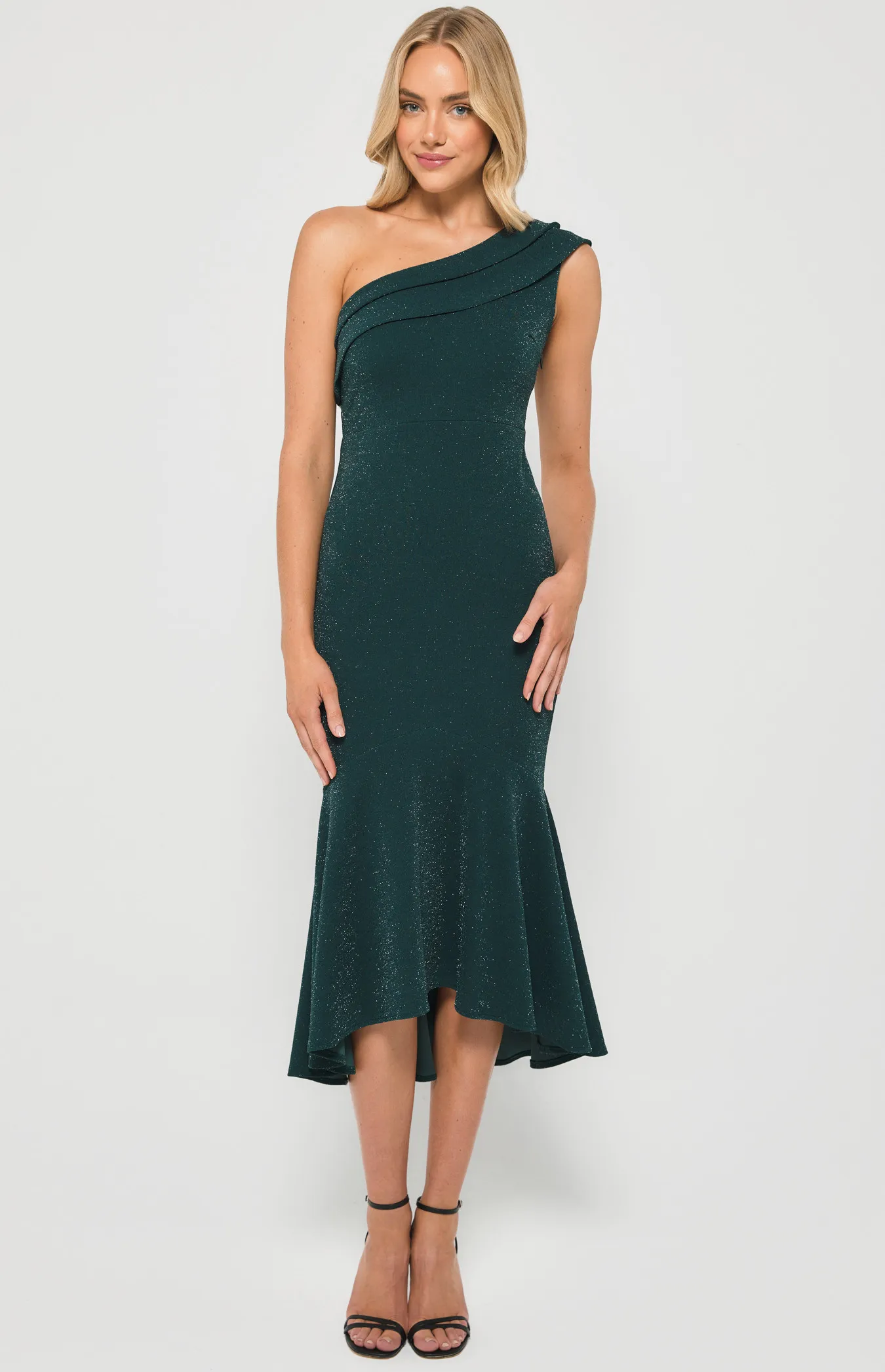 Stretch Lurex One Shoulder Fishtail Midi Dress (ADR925-2A)