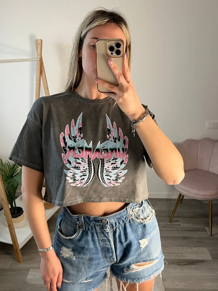 T-shirt grigia crop Dreamer