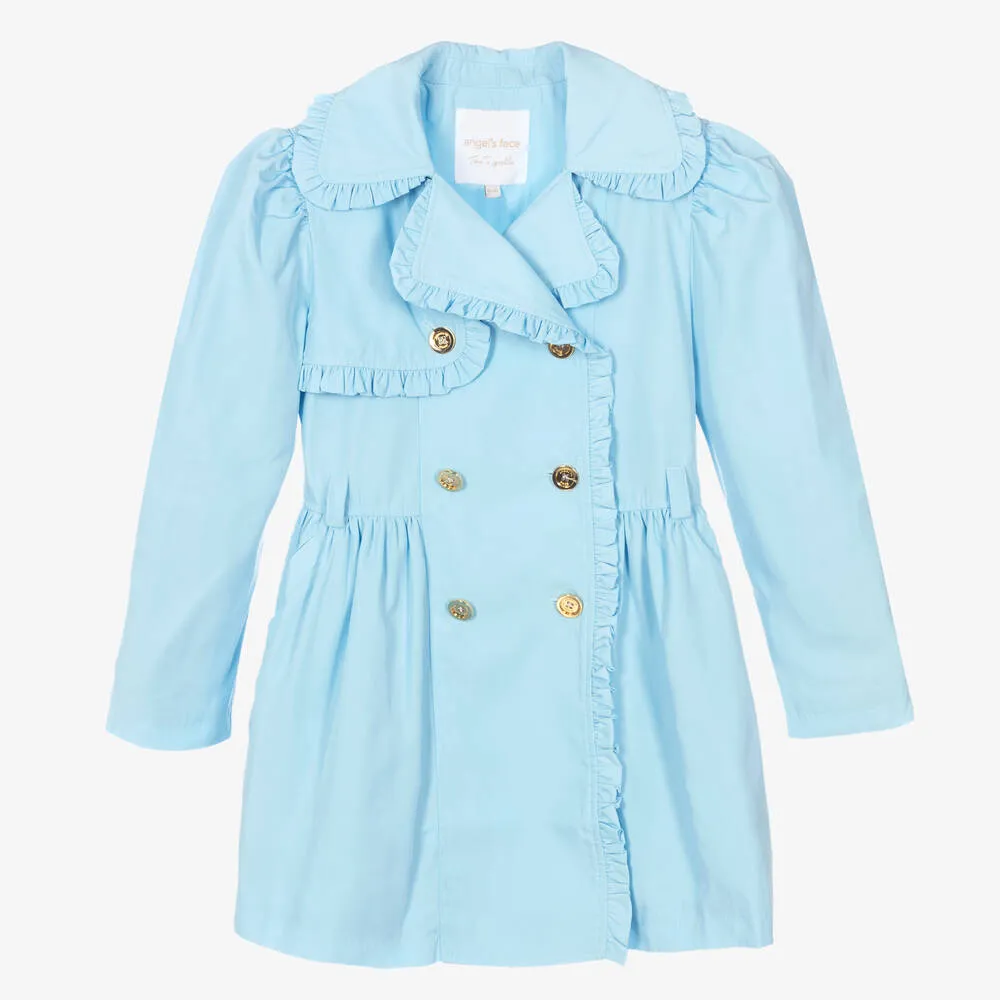 Teen Girls Pale Blue Ruffle Trench Coat