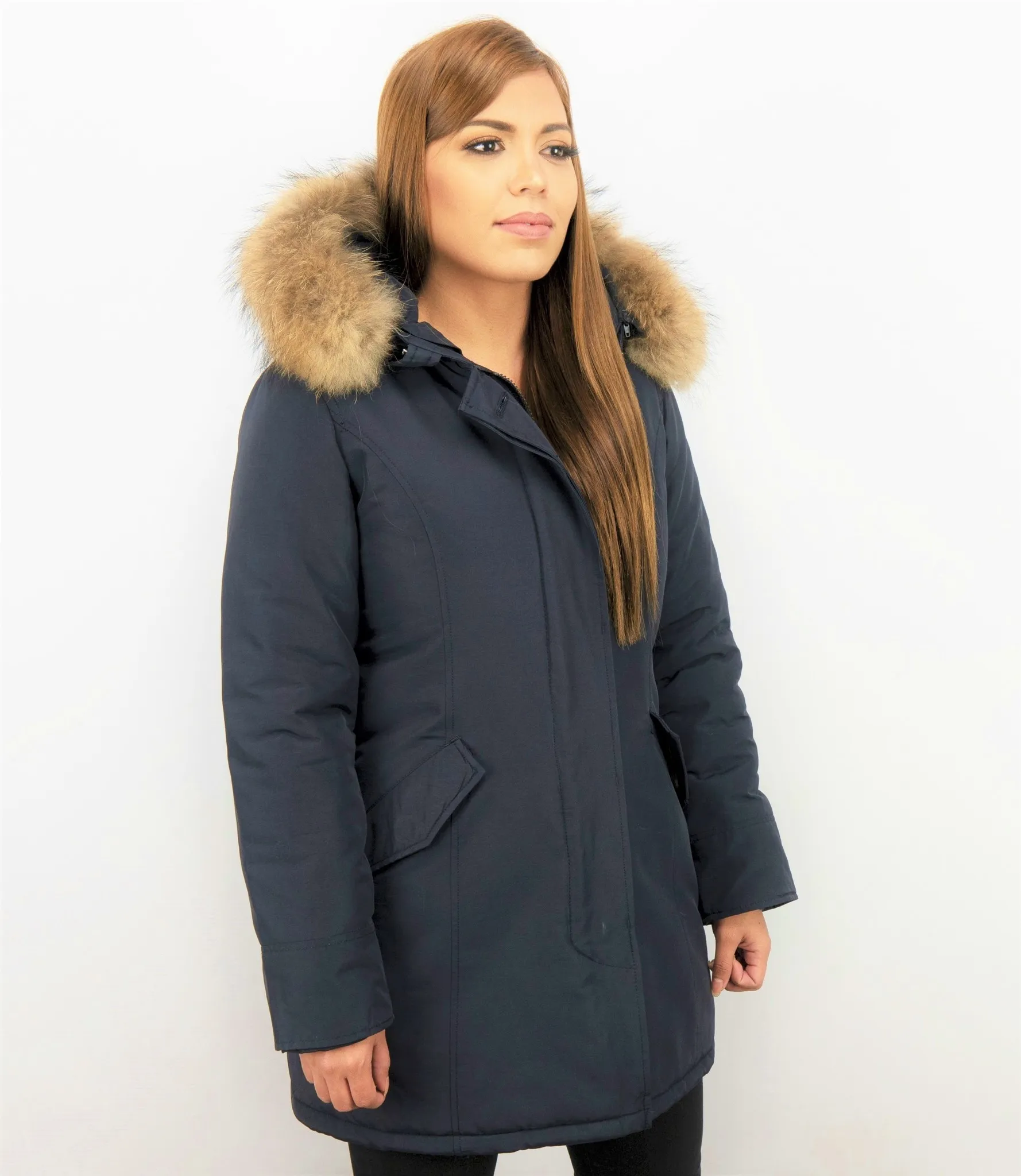 TheBrand Fur Collar Coat - Women's Winter Coat Long - Parka Stitch Pocket- Blue