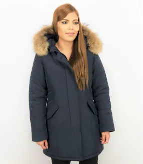 TheBrand Fur Collar Coat - Women's Winter Coat Long - Parka Stitch Pocket- Blue