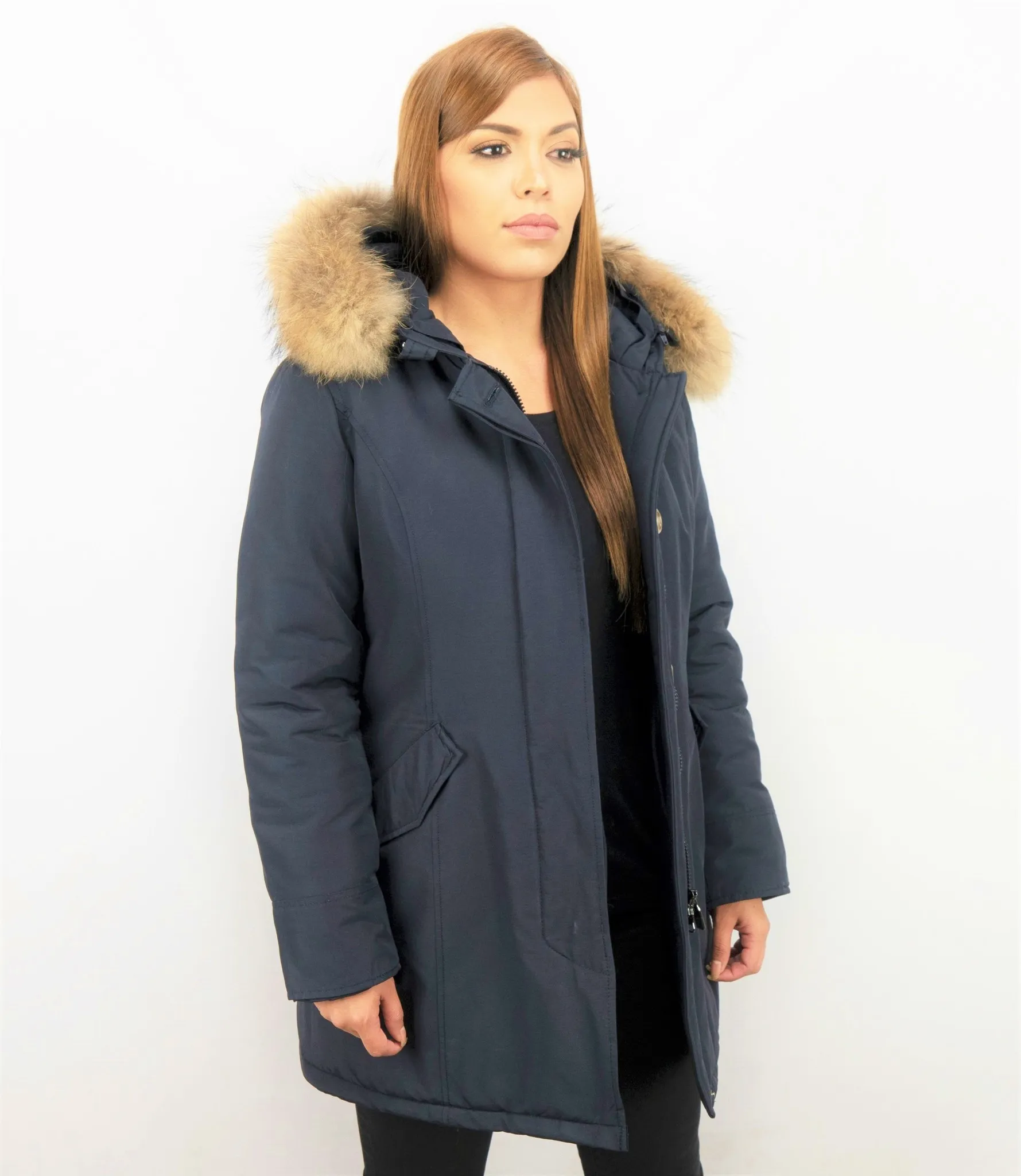 TheBrand Fur Collar Coat - Women's Winter Coat Long - Parka Stitch Pocket- Blue