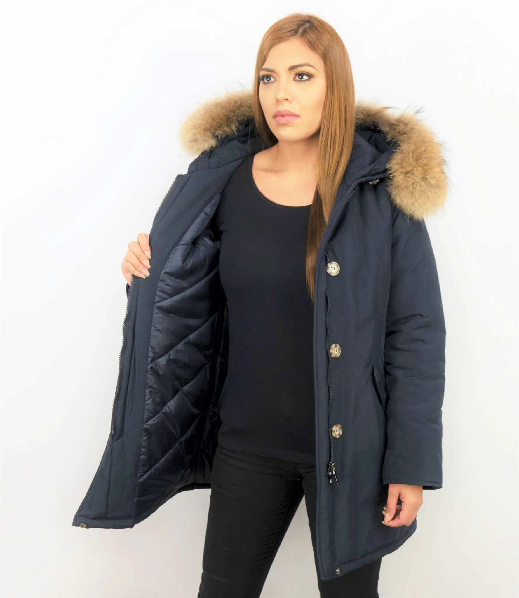 TheBrand Fur Collar Coat - Women's Winter Coat Long - Parka Stitch Pocket- Blue