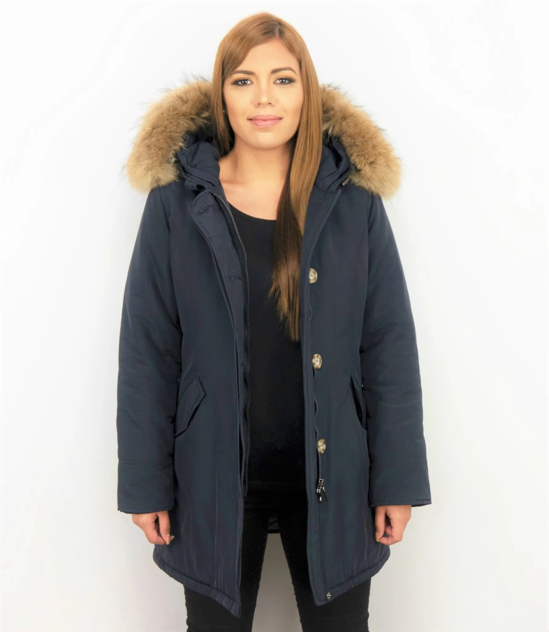 TheBrand Fur Collar Coat - Women's Winter Coat Long - Parka Stitch Pocket- Blue