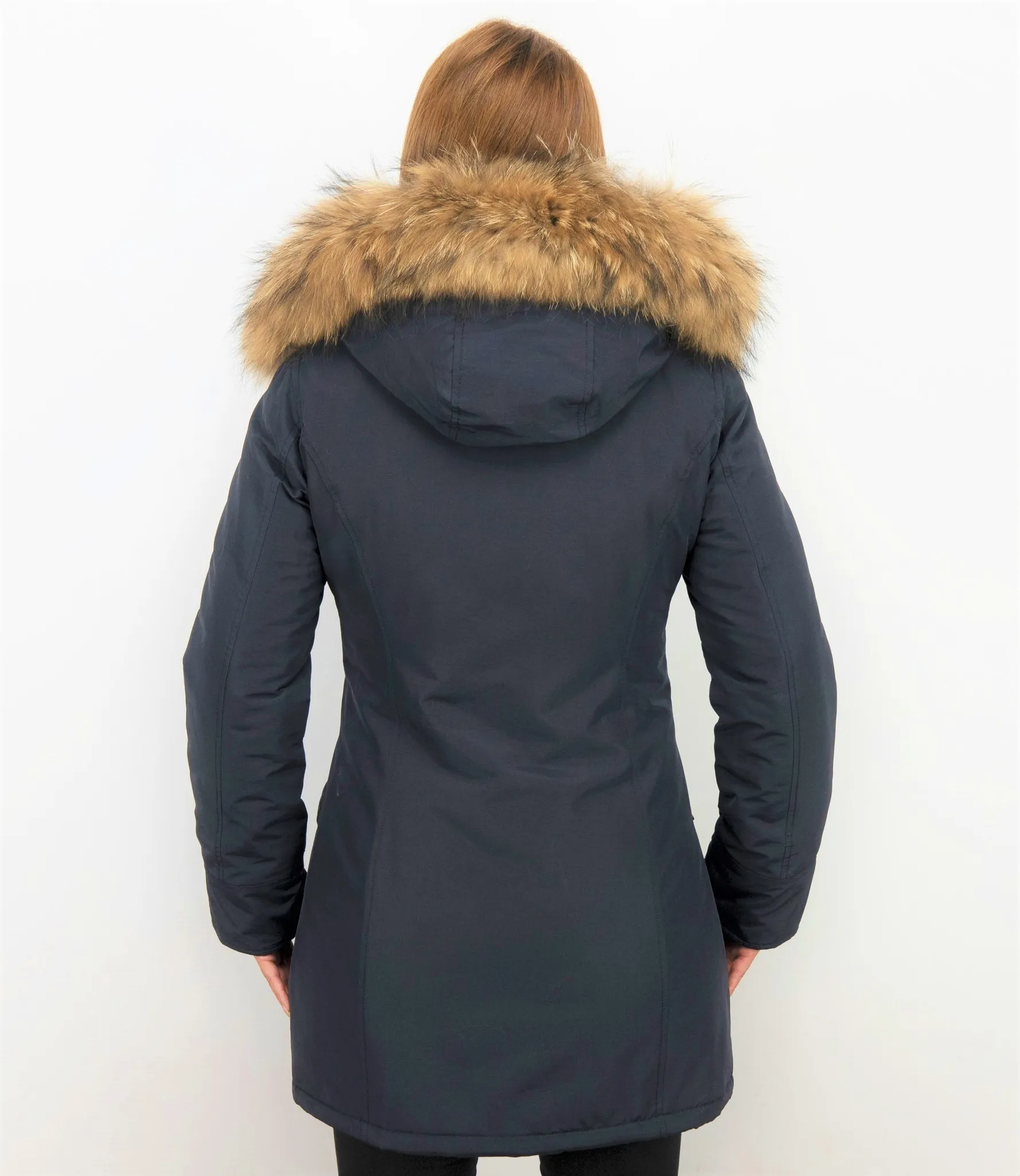 TheBrand Fur Collar Coat - Women's Winter Coat Long - Parka Stitch Pocket- Blue