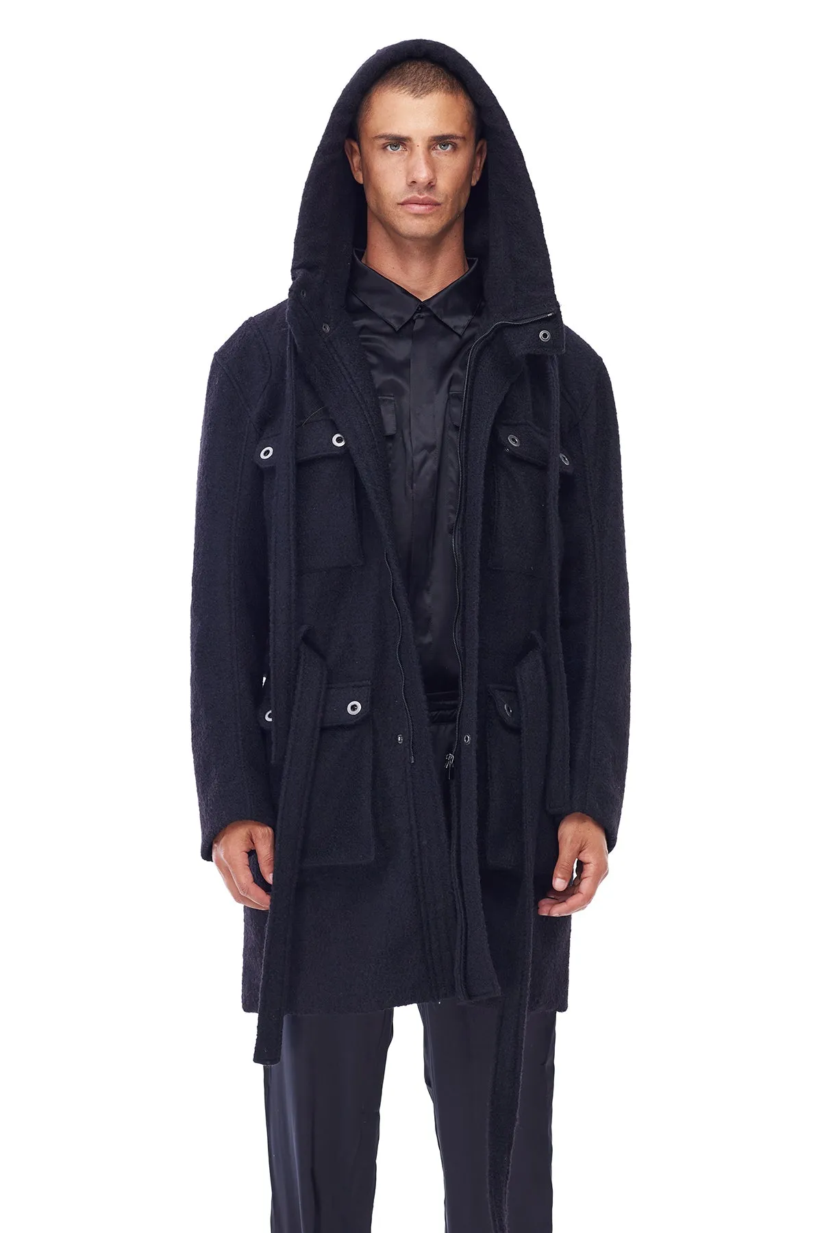 TRENCH COAT WITH HOOD IN BLACK