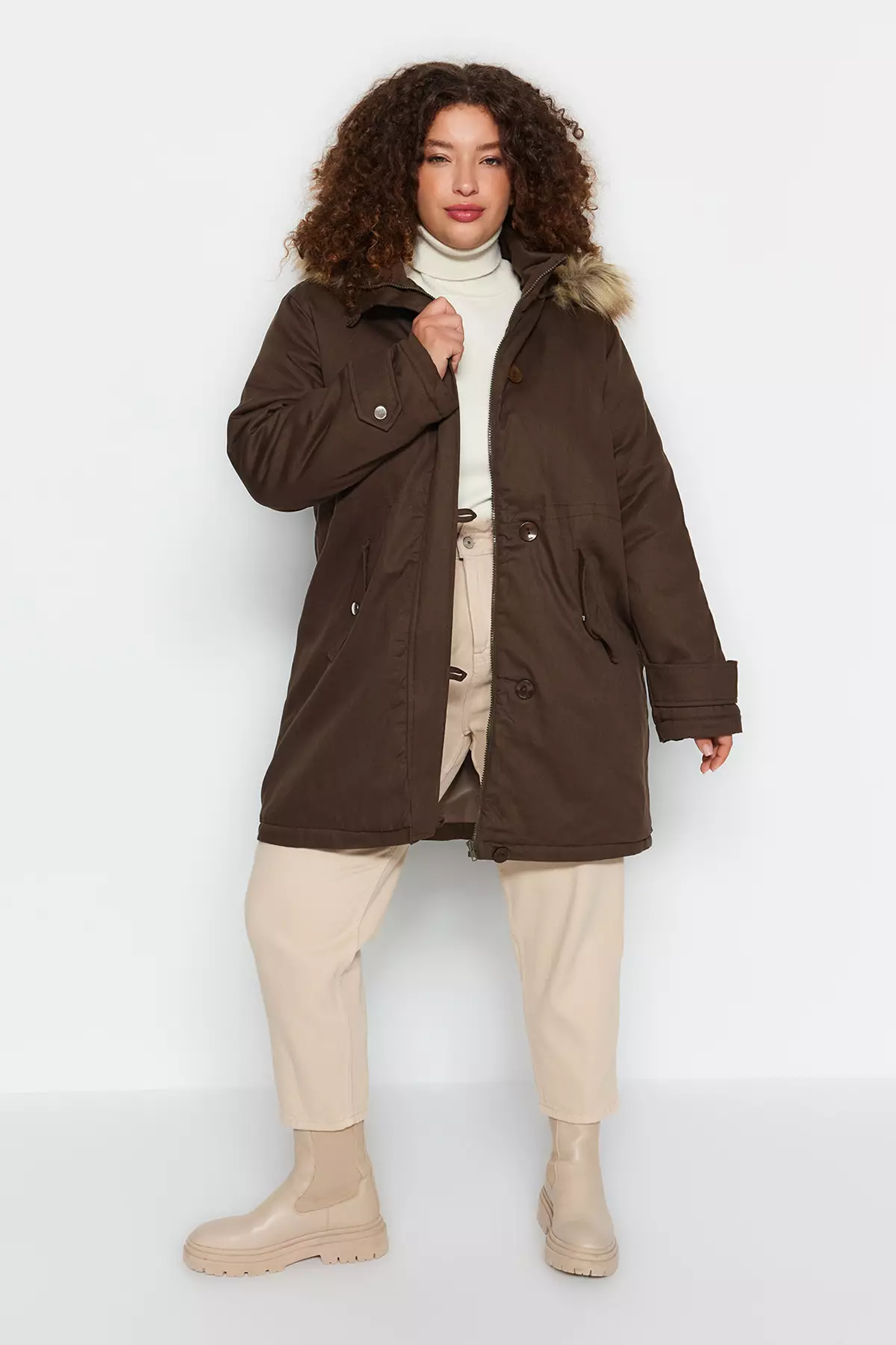 Trendyol Plus Size Shearling Hooded Coat