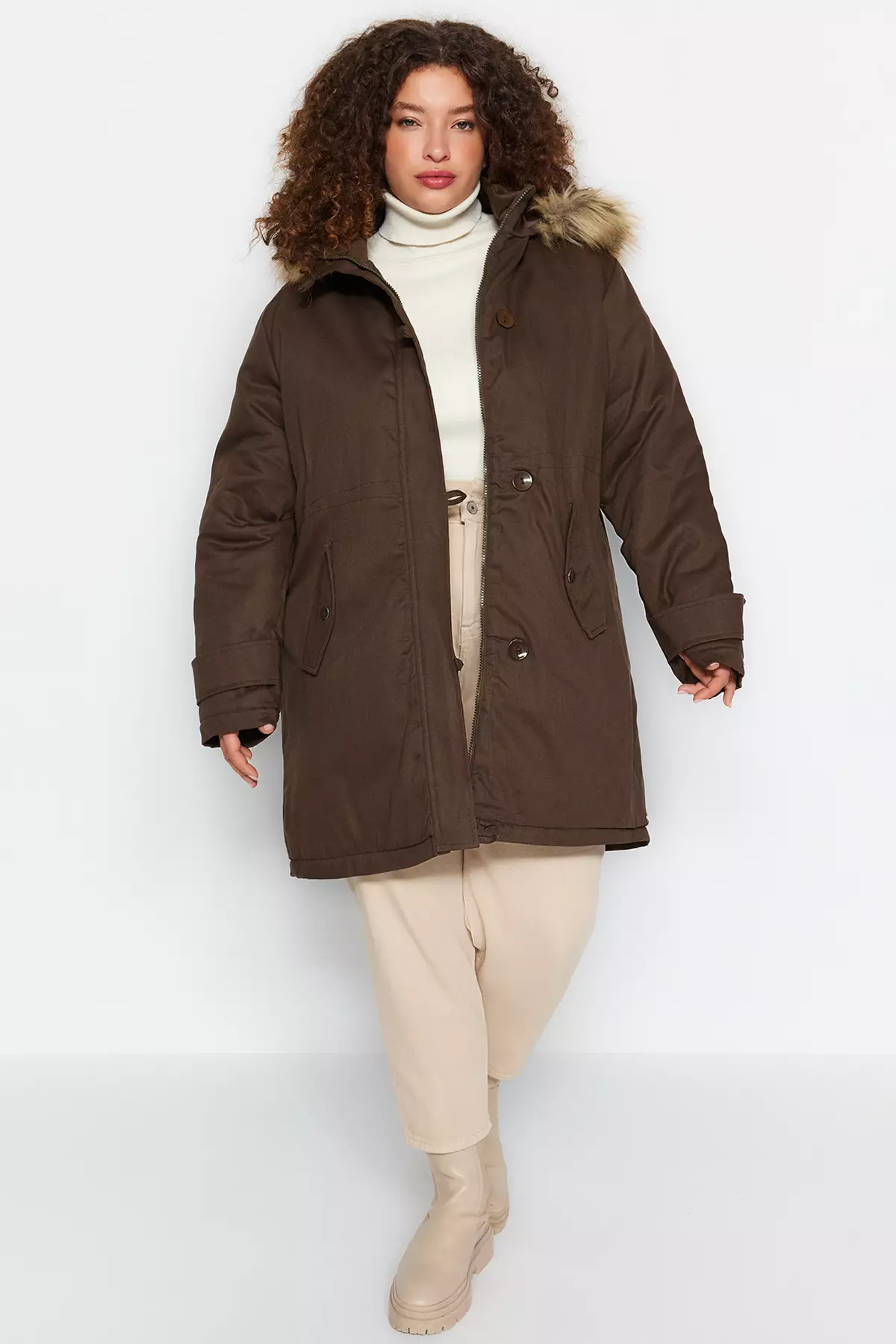 Trendyol Plus Size Shearling Hooded Coat