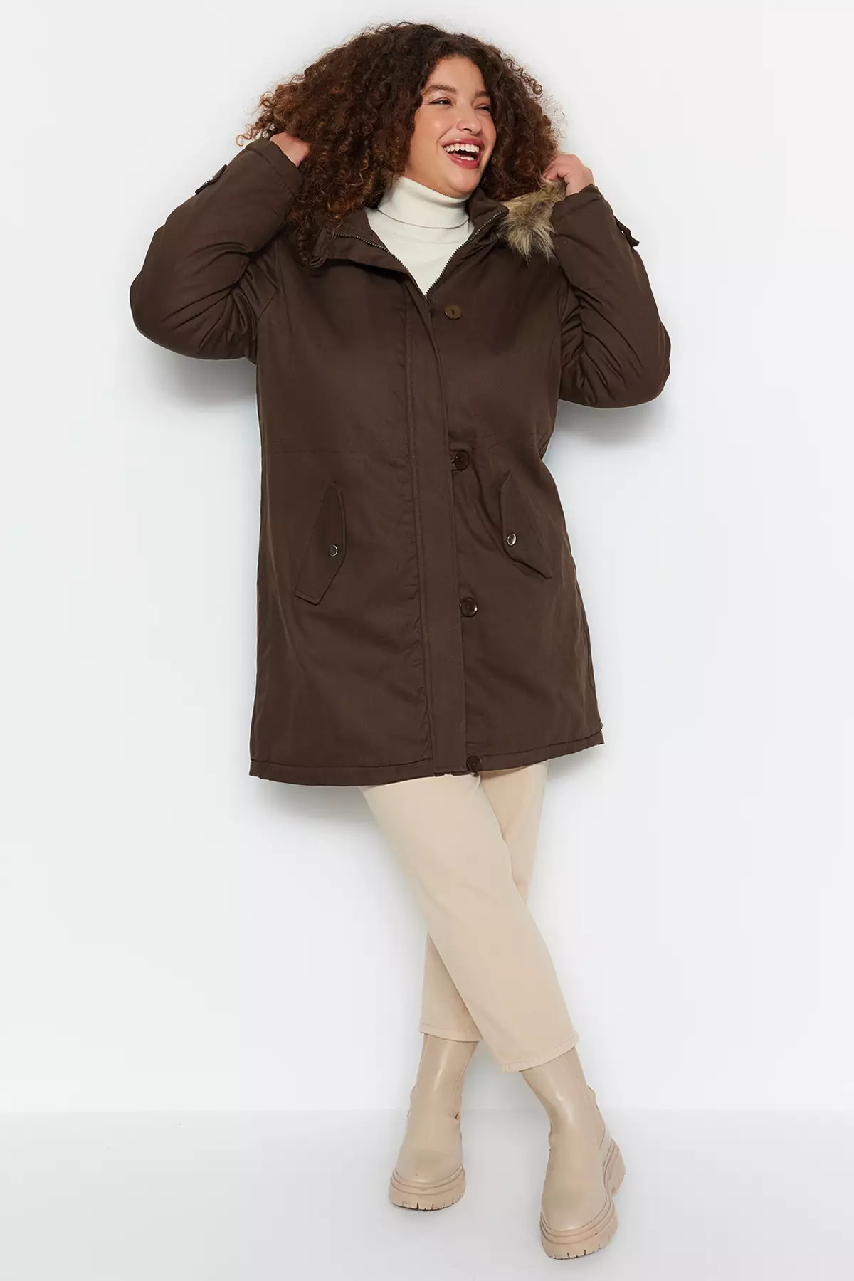 Trendyol Plus Size Shearling Hooded Coat