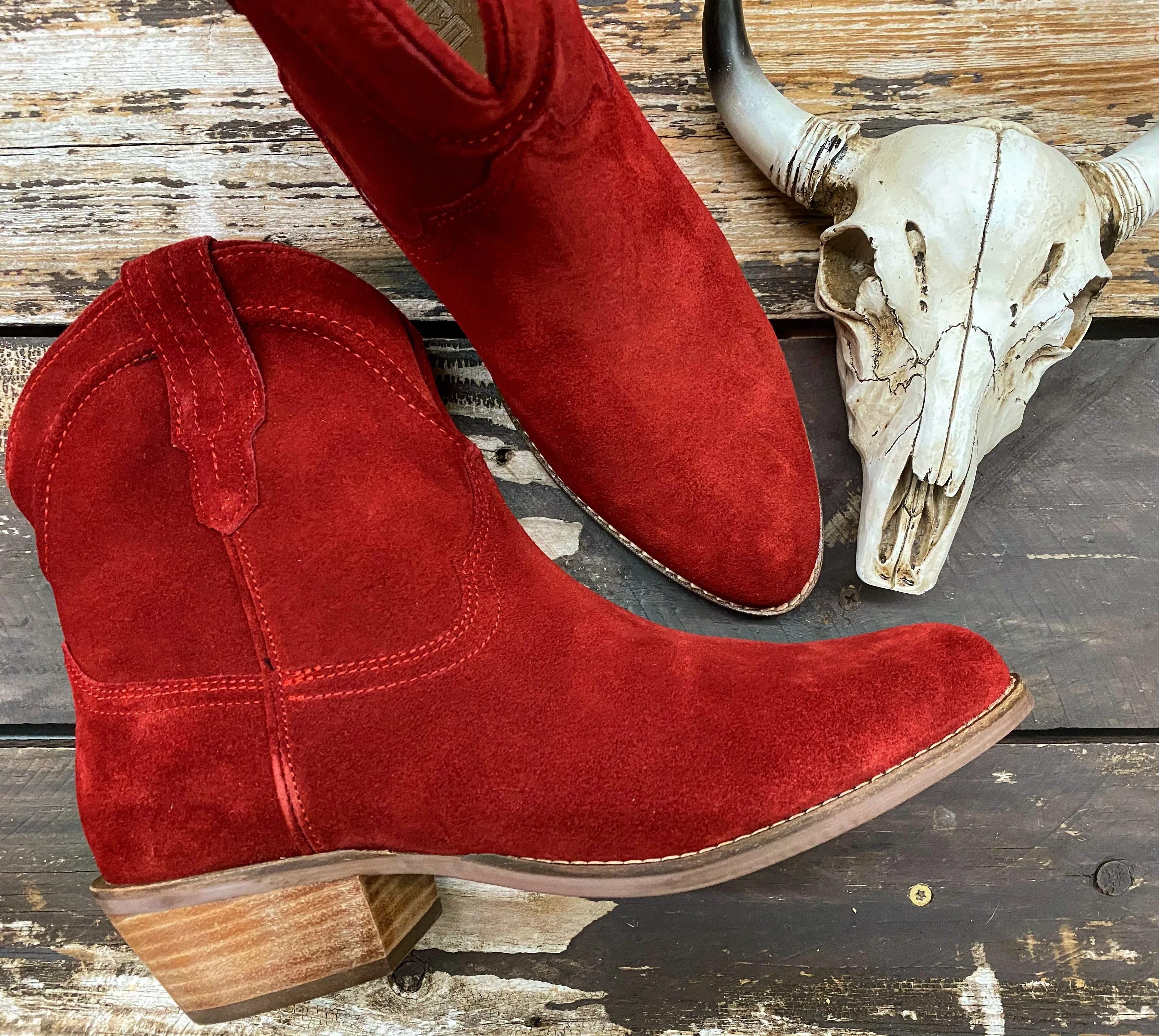 Tumbleweed Candy Apple Red Suede V Cut Front Ankle Booties (DS)