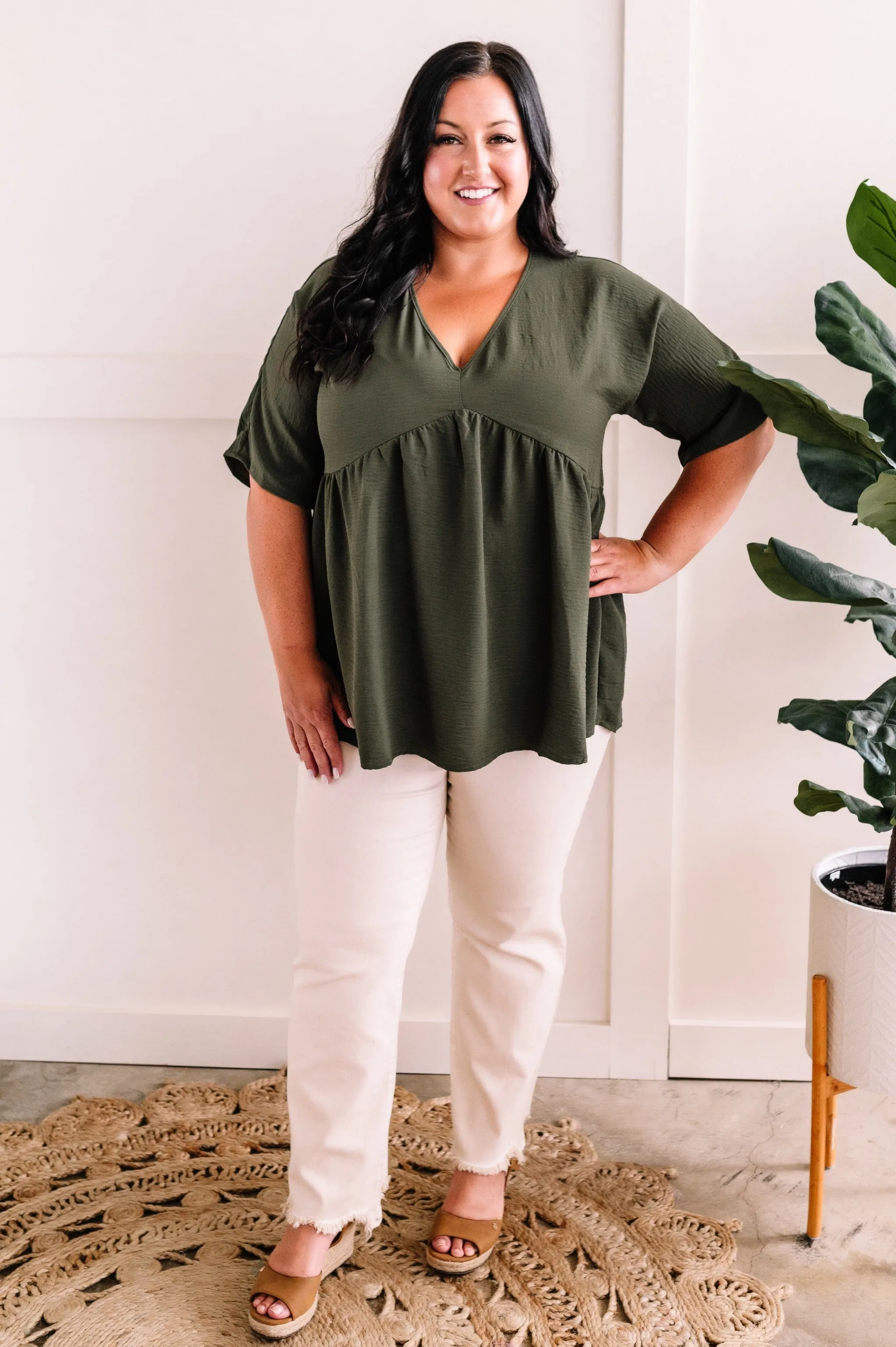 V Neck Babydoll Blouse In Olive