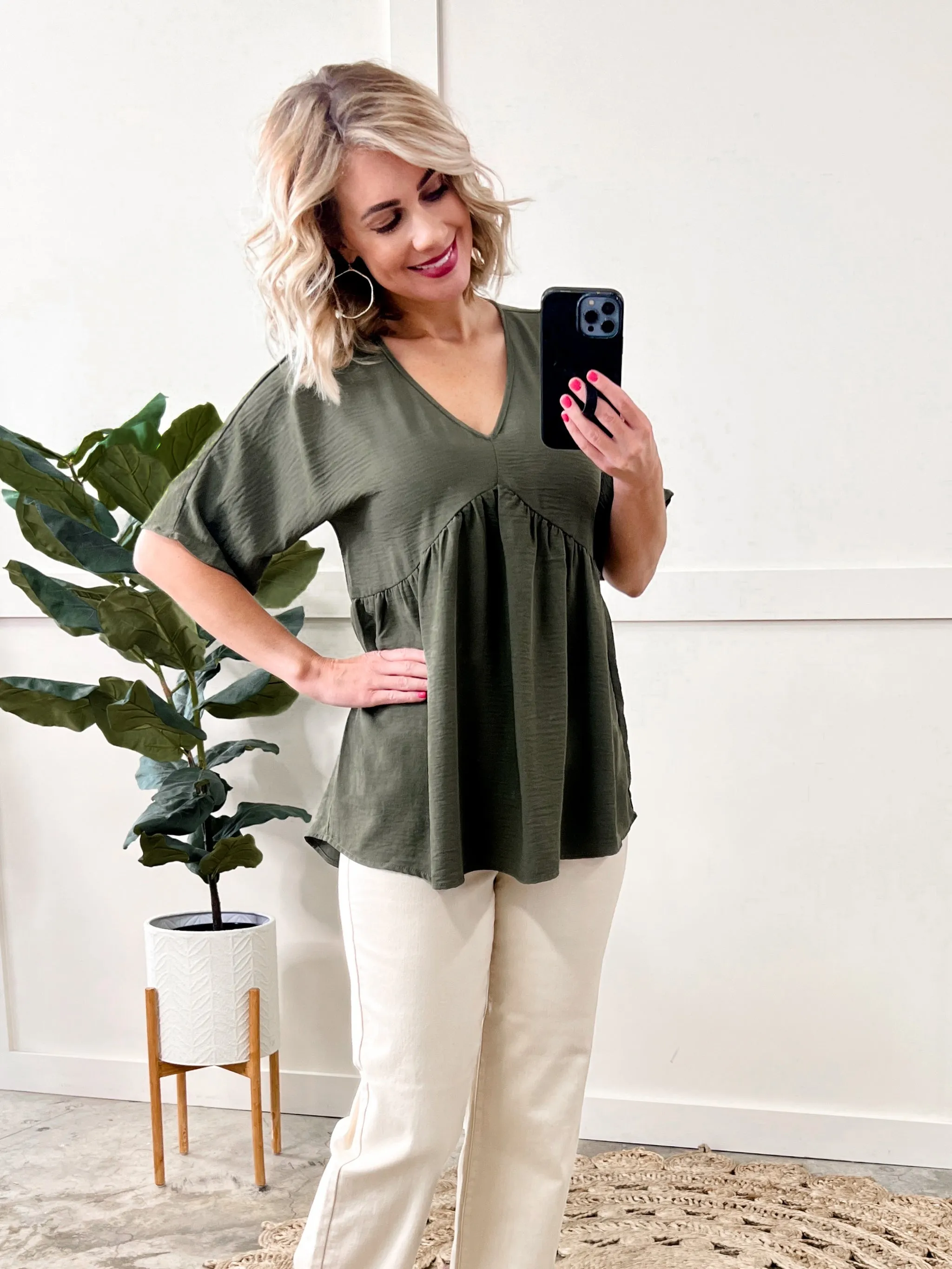 V Neck Babydoll Blouse In Olive