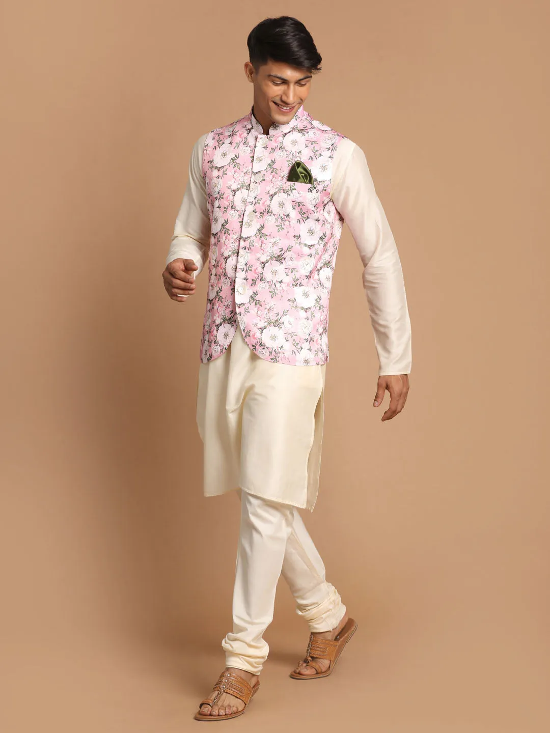 VASTRAMAY Men's Pink Digital Floral Printed Royal Angrakha Nehru Jacket With Cream Kurta Pyjama Set