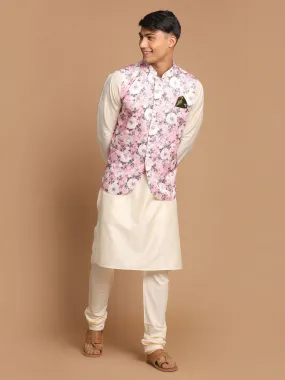 VASTRAMAY Men's Pink Digital Floral Printed Royal Angrakha Nehru Jacket With Cream Kurta Pyjama Set