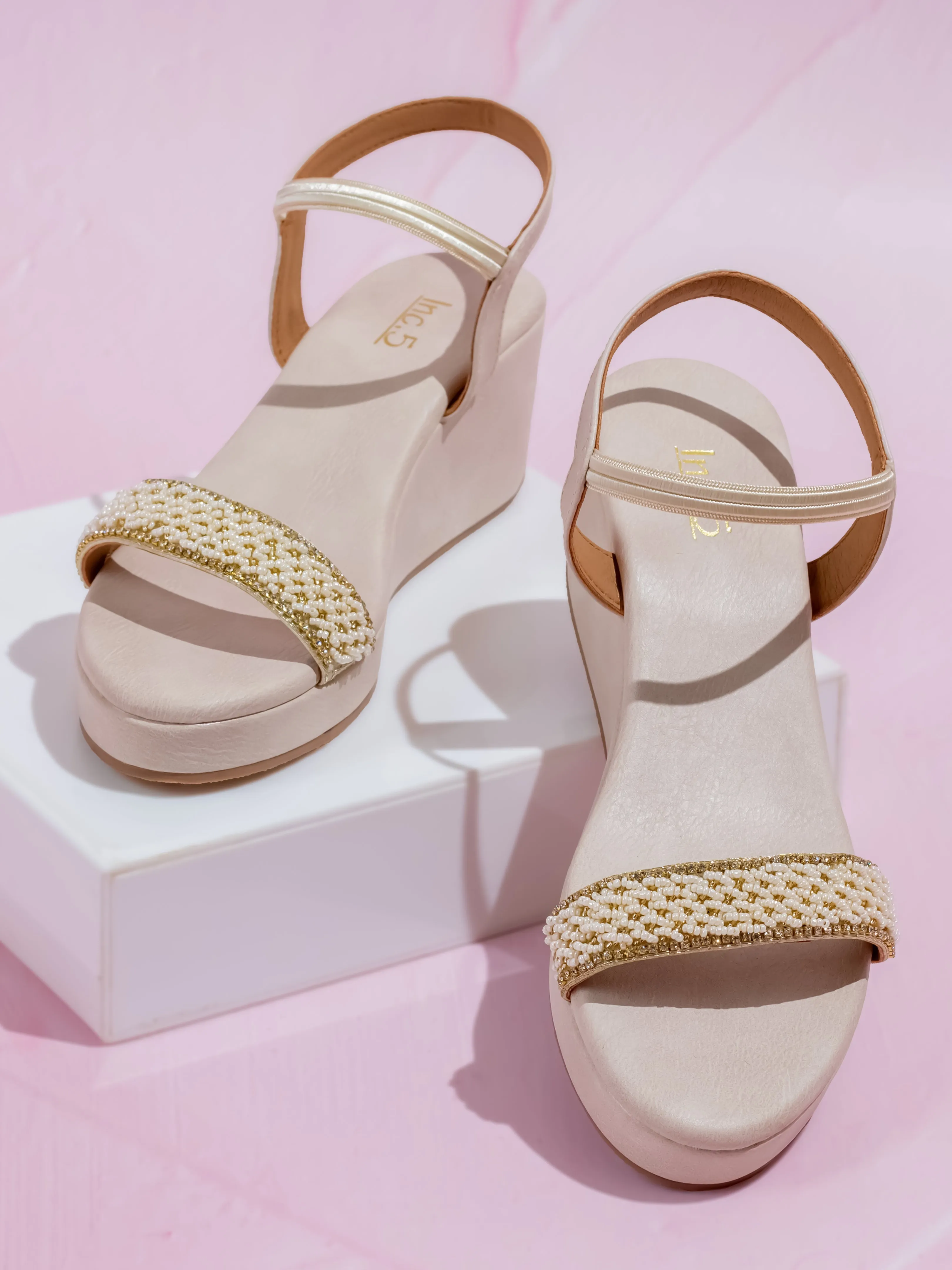 Women Beige Embellished Ethnic Wedge Heels