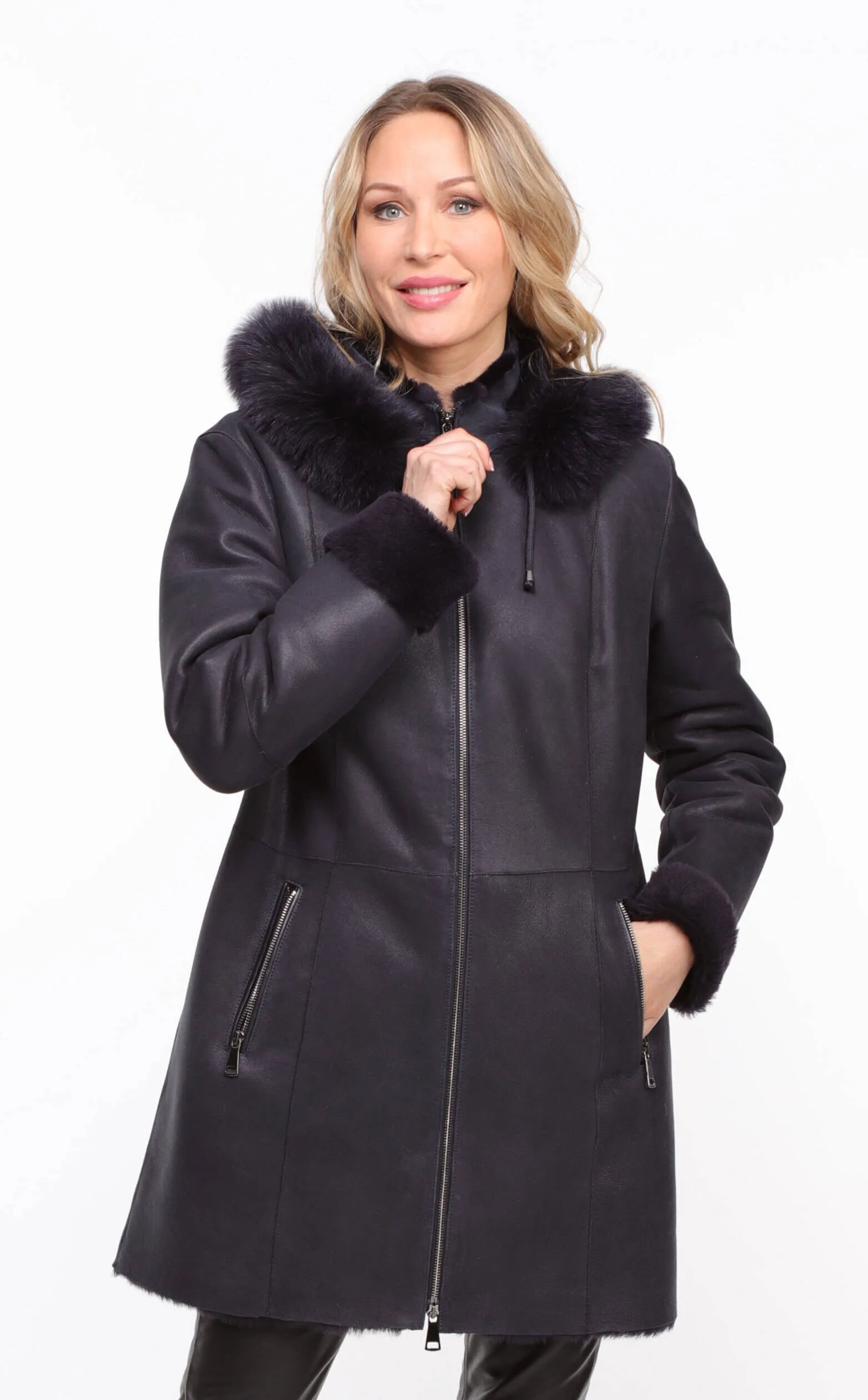 Women's navy \aurelia\ hooded sheepskin coat