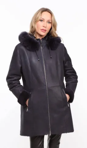 Women's navy \aurelia\ hooded sheepskin coat