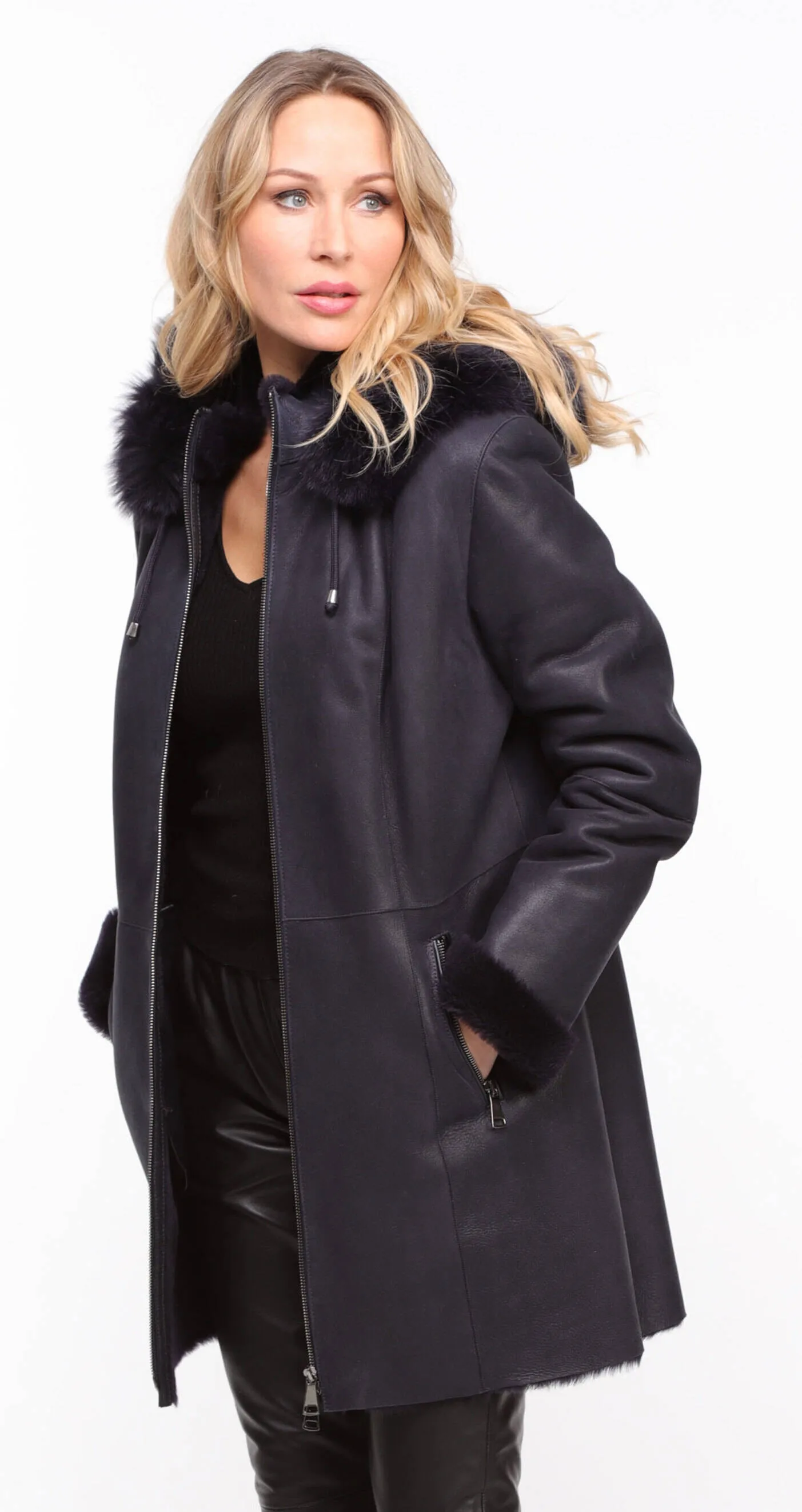 Women's navy \aurelia\ hooded sheepskin coat